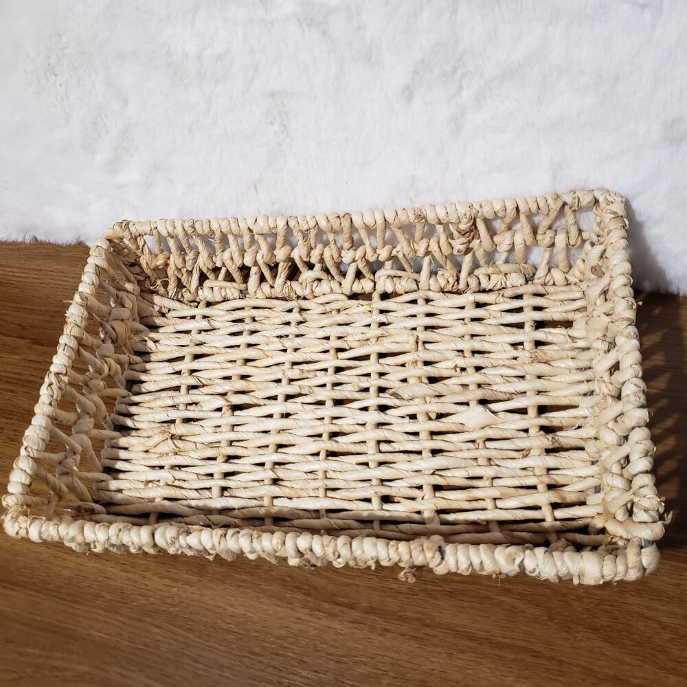 Wicker‎ Rattan Basket Serving Tray Rectangle Metal Frame Storage Decor Woven